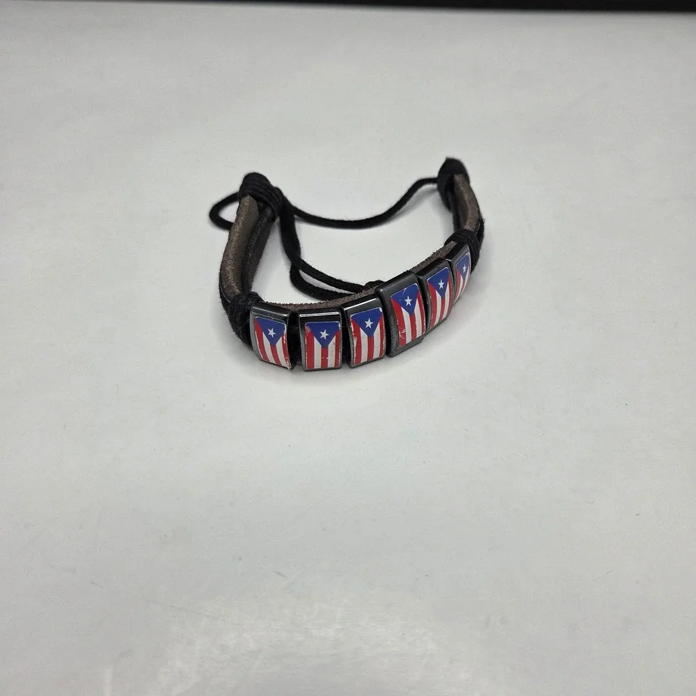 Puerto Rico Flag Bracelet Leather Cord Adjustable Slider Bead Charm Brown Black